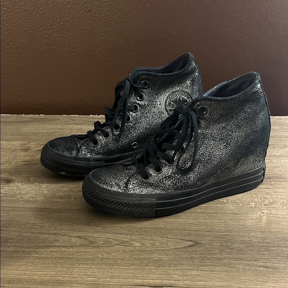 Converse Black Glitter Wedge Sneakers